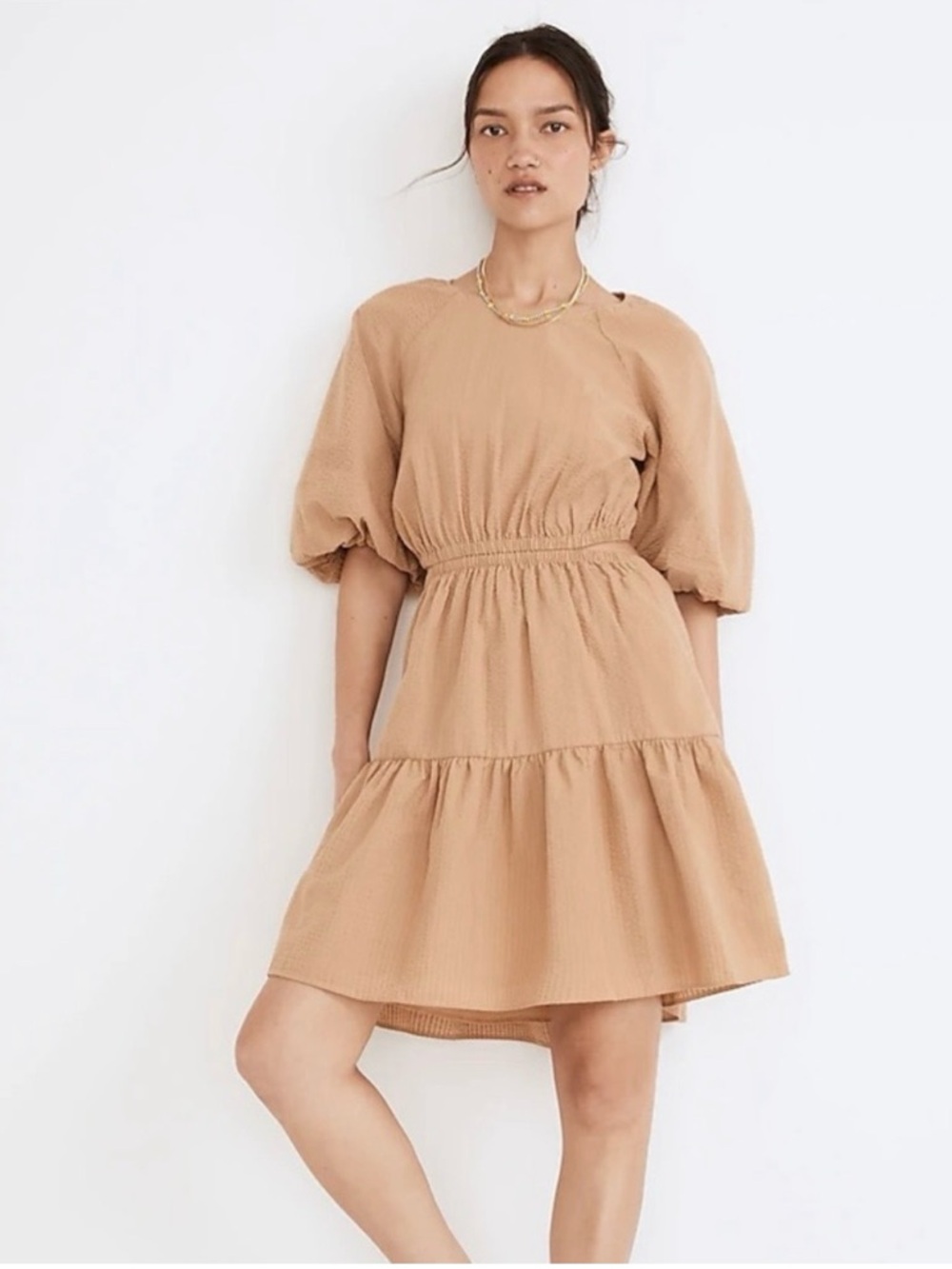 Madewell NWT Tan Puff-Sleeve Tiered Cut Out Seersucker Mini Dress Sz L Boho Chic